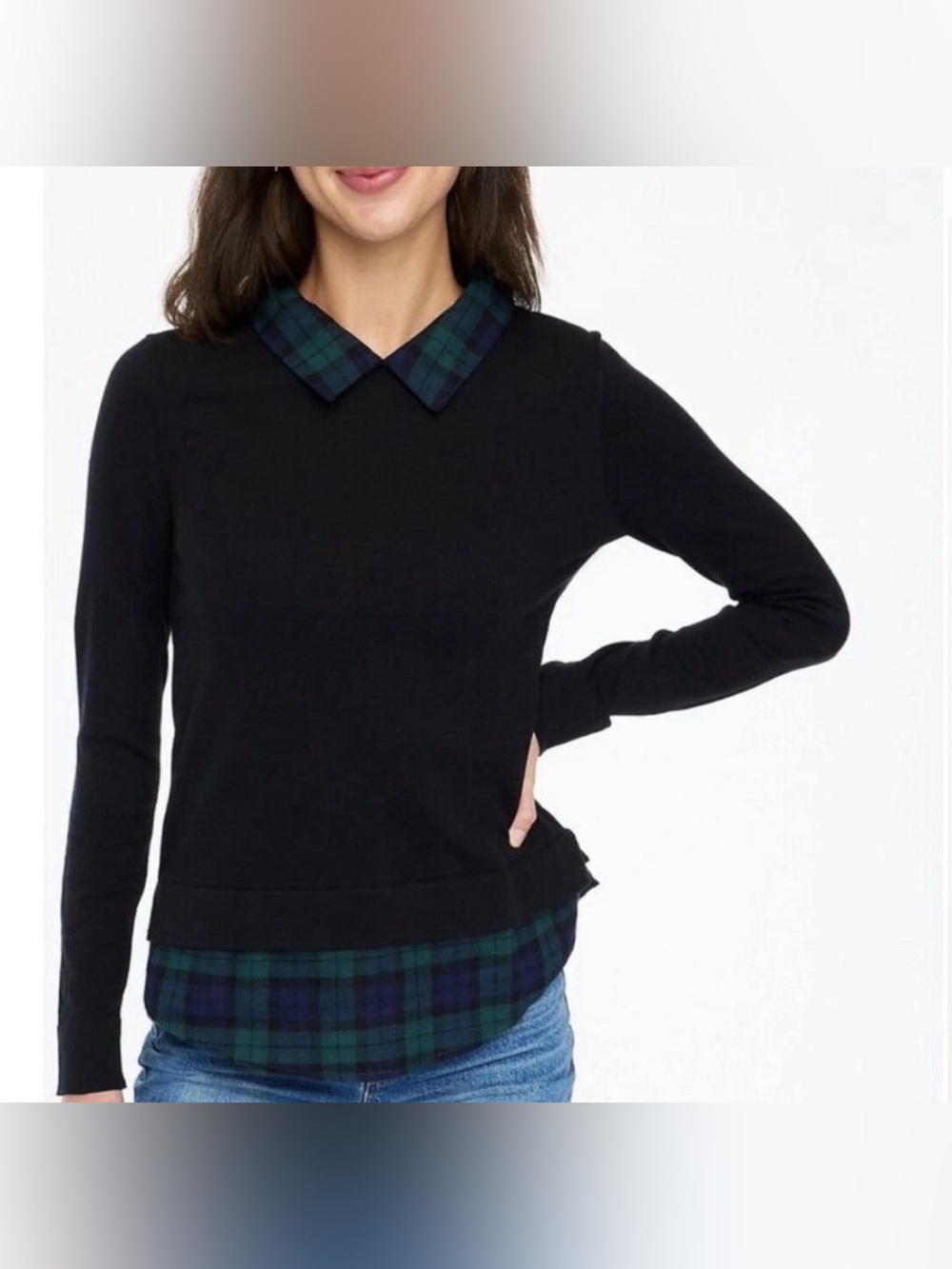 Loft Black Layered long sleeve with Green Plaid Collar and Hem size large